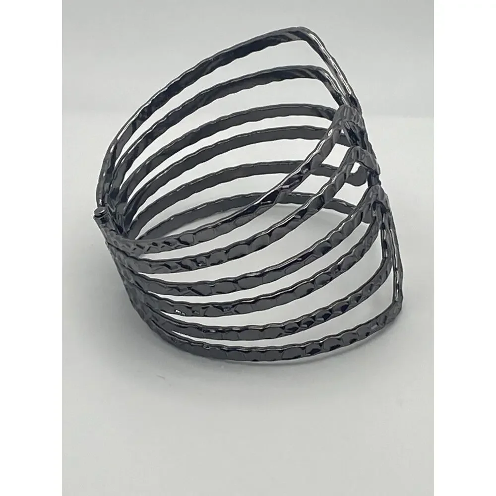 Gun Metal Gray Hammered Open Weave Wide Clamper Cuff Statement Bold Bracelet - Picture 5 of 9